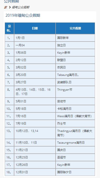 2019年缅甸大使馆放假时间表