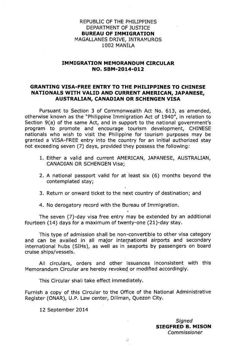 菲律宾针对中国公民的免签规定-英文 菲律宾针对中国公民的免签规定-英文