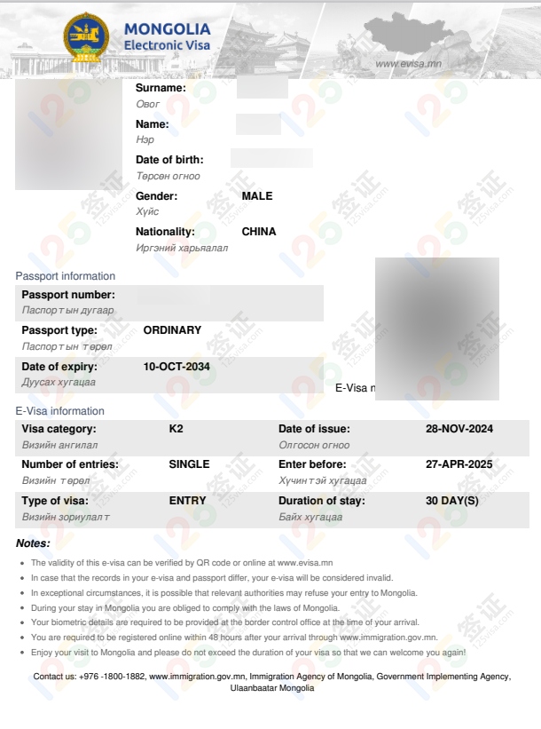 蒙古电子签证