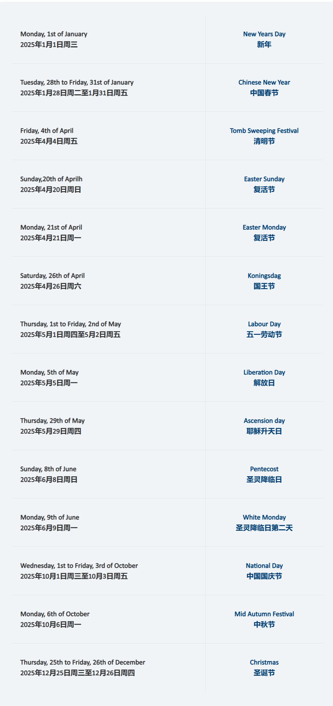 2025年荷兰签证受理中心公众假期关闭时间表