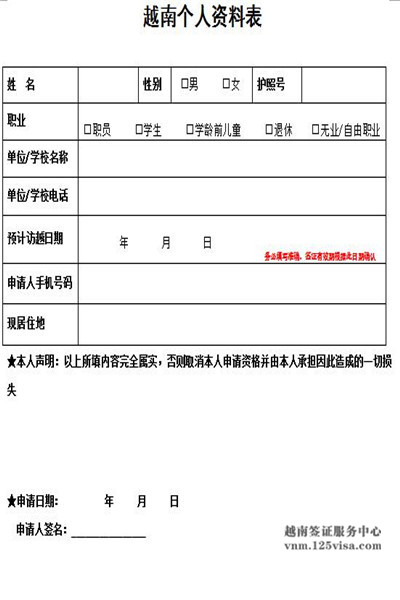 越南签证材料个人信息表模板