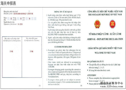 越南签证材料海关申报表模板