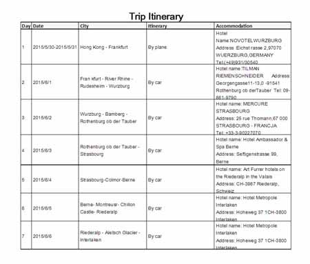 德国签证行程单材料模版