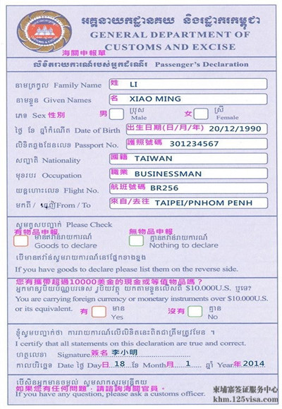 柬埔寨签证材料海关申报表模板