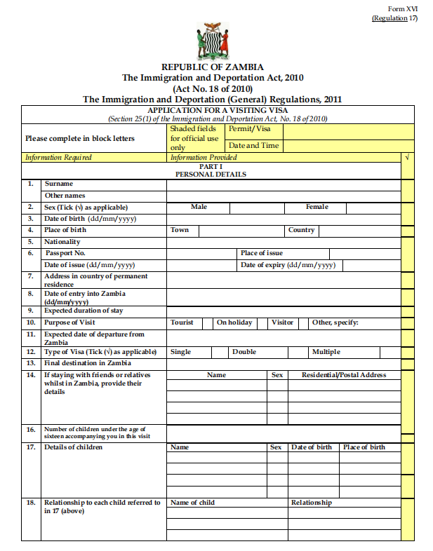 赞比亚申请表材料模板