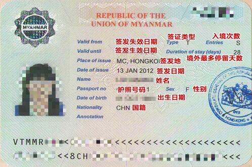 缅甸签证样本及解释说明 缅甸签证样本及解释说明